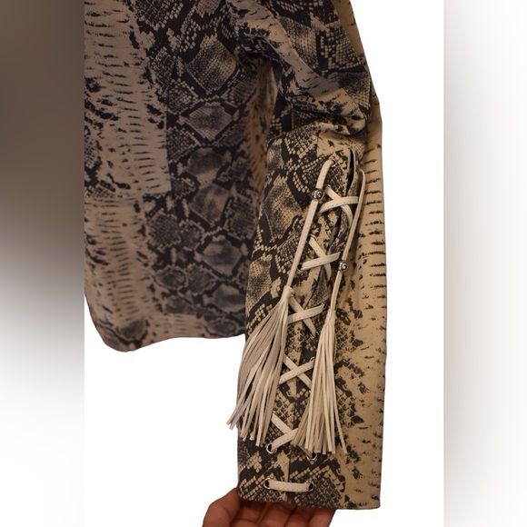 Vintage Pamela McCoy Snake  Printed Fringe Leather Jacket - Picture 5 of 8